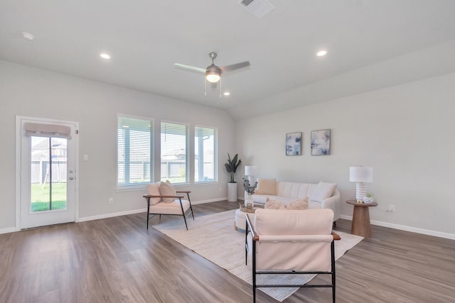 living room featuring recessed lighting, visible vents, ceiling fan, wood finished floors, and baseboards