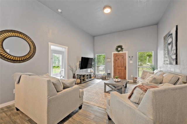 living area with a wealth of natural light, wood finished floors, and a towering ceiling