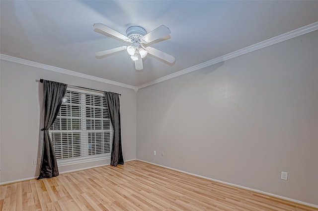 unfurnished room featuring ceiling fan, ornamental molding, and light wood-style floors