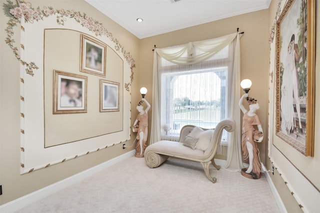 living area with ornamental molding, carpet, and baseboards