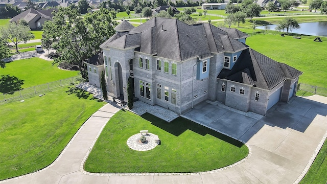 aerial view featuring a water view