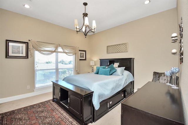 bedroom with light carpet, recessed lighting, a notable chandelier, and baseboards