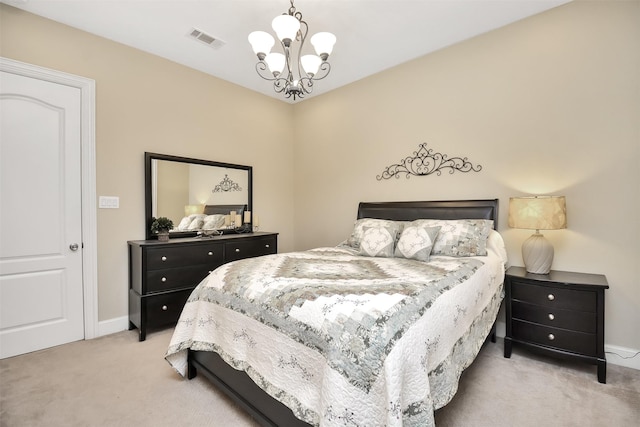 carpeted bedroom with a chandelier, visible vents, and baseboards