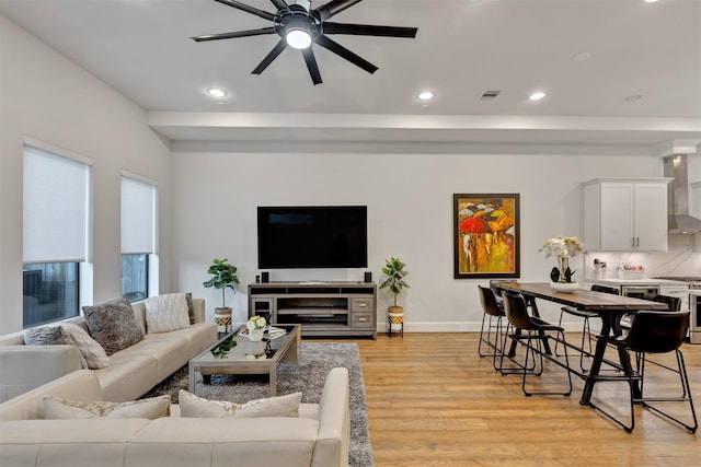 living area featuring baseboards, recessed lighting, visible vents, and light wood-style floors