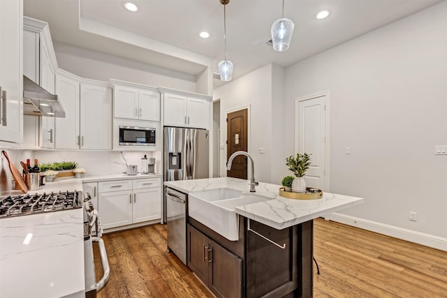 kitchen with range hood, appliances with stainless steel finishes, white cabinetry, a sink, and wood finished floors