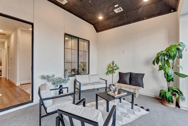 interior space featuring wooden ceiling, baseboards, and recessed lighting