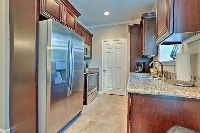 kitchen with baseboards, light stone counters, ornamental molding, stainless steel appliances, and a sink