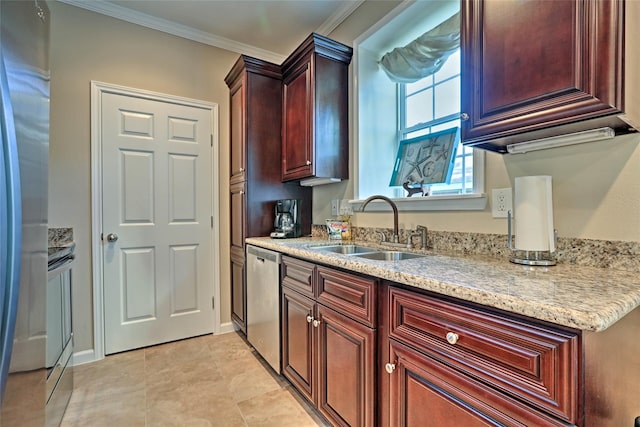 kitchen featuring baseboards, light stone countertops, crown molding, stainless steel dishwasher, and a sink