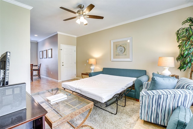 bedroom with baseboards, ornamental molding, and ceiling fan