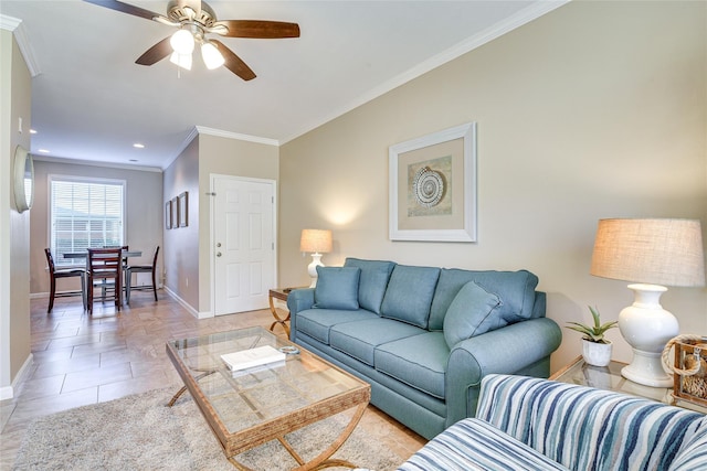 living area featuring crown molding, light tile patterned floors, recessed lighting, a ceiling fan, and baseboards