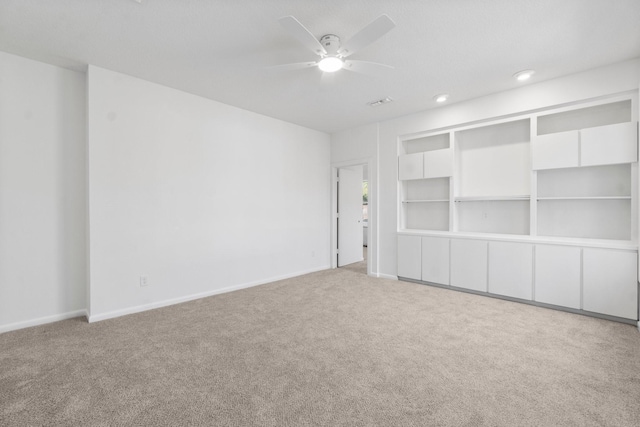 unfurnished bedroom with visible vents, a ceiling fan, recessed lighting, carpet, and baseboards