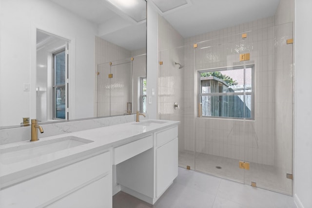 bathroom with double vanity, a shower stall, and a sink