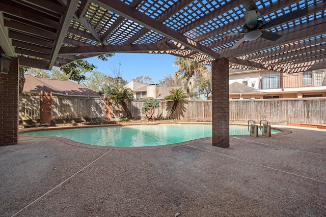 view of swimming pool featuring a fenced in pool, a patio, a pergola, and a fenced backyard