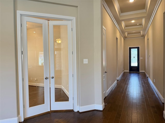 entryway featuring dark wood-style flooring, baseboards, crown molding, and french doors