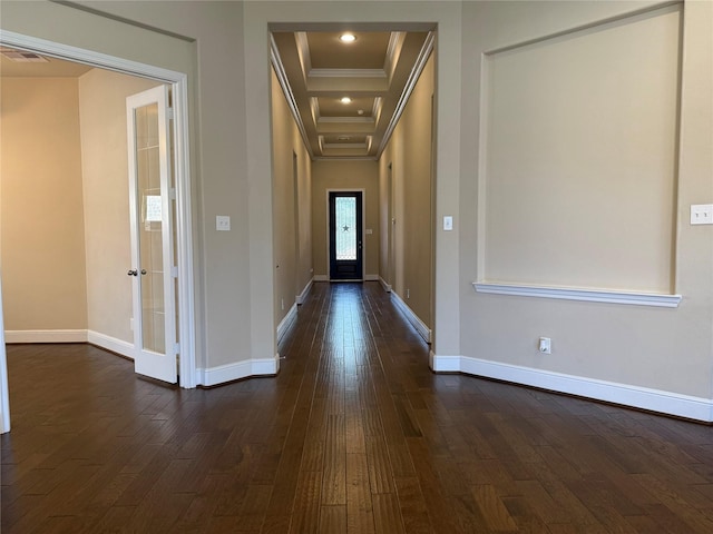 interior space with dark wood-style floors, recessed lighting, baseboards, and crown molding