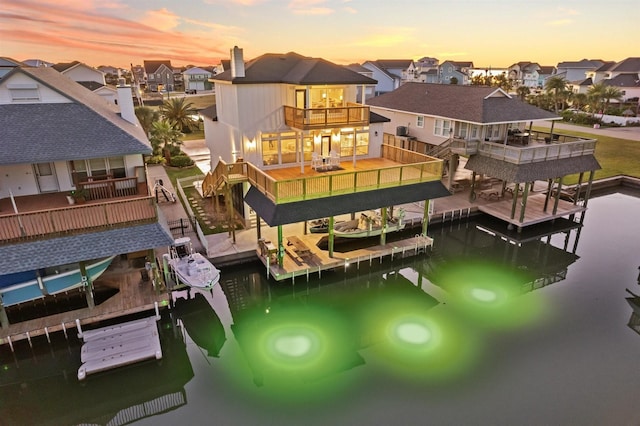 view of dock featuring boat lift, a patio area, fence, a balcony, and a residential view