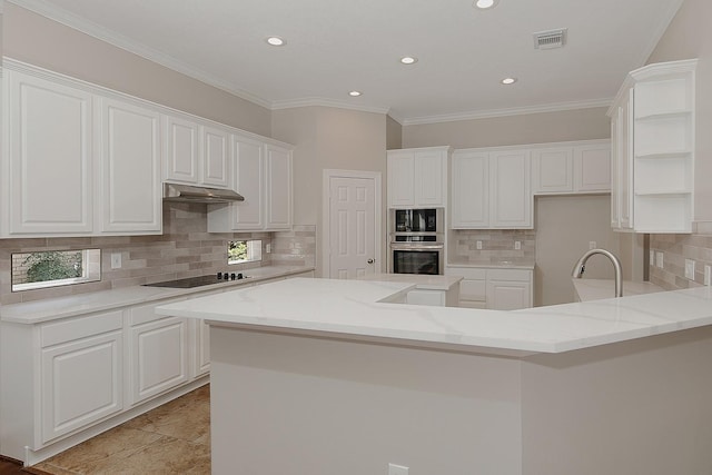 kitchen with open shelves, visible vents, white cabinetry, under cabinet range hood, and black electric cooktop