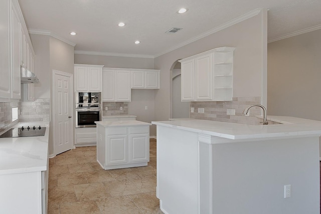 kitchen with open shelves, visible vents, a peninsula, under cabinet range hood, and black electric cooktop