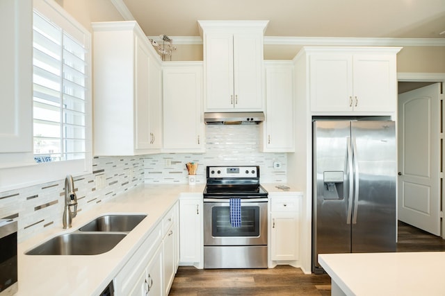 kitchen featuring crown molding, stainless steel appliances, white cabinets, a sink, and under cabinet range hood