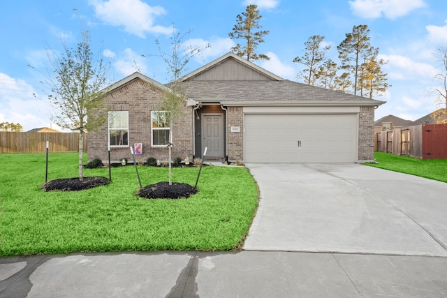 single story home featuring a garage, brick siding, fence, concrete driveway, and a front yard