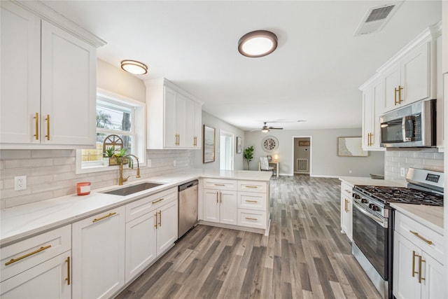 kitchen with stainless steel appliances, visible vents, a sink, plenty of natural light, and a peninsula