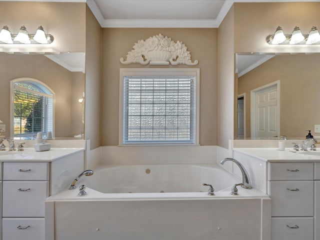 full bathroom with a garden tub, ornamental molding, a sink, and two vanities