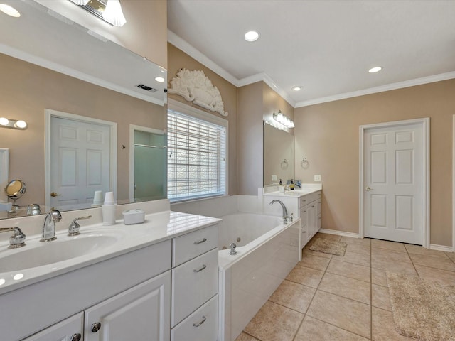 bathroom featuring a garden tub, tile patterned flooring, two vanities, a sink, and ornamental molding