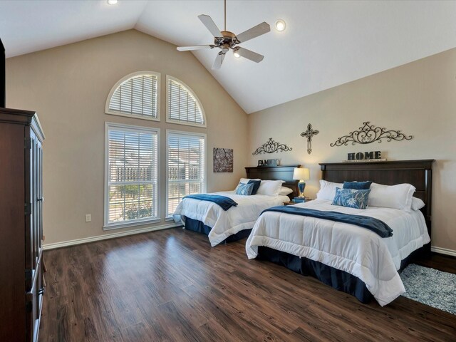 2601 Woodstock Dr, Lufkin, TX 75904 - bedroom featuring dark wood-type flooring, high vaulted ceiling, a ceiling fan, baseboards, and recessed lighting