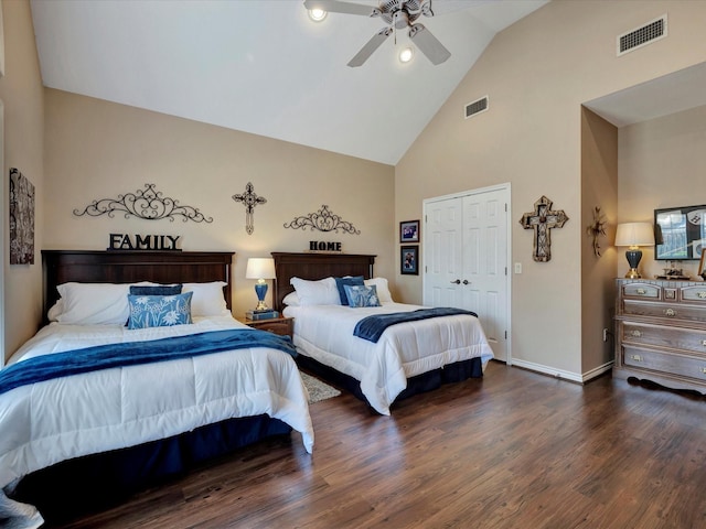 bedroom featuring high vaulted ceiling, a ceiling fan, visible vents, and wood finished floors