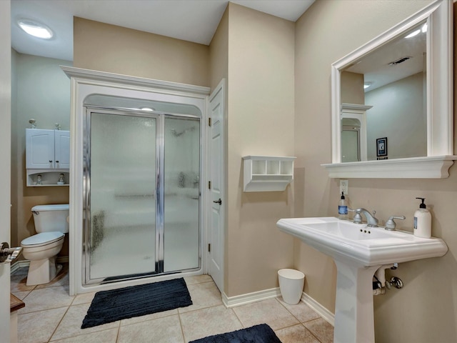 bathroom with visible vents, toilet, a shower stall, baseboards, and tile patterned floors