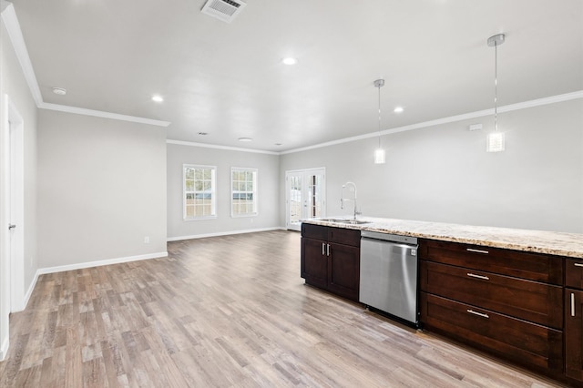 kitchen featuring light wood-type flooring, visible vents, dishwasher, and a sink