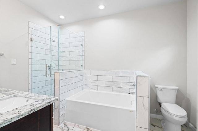 full bathroom featuring marble finish floor, toilet, vanity, a shower stall, and a bath