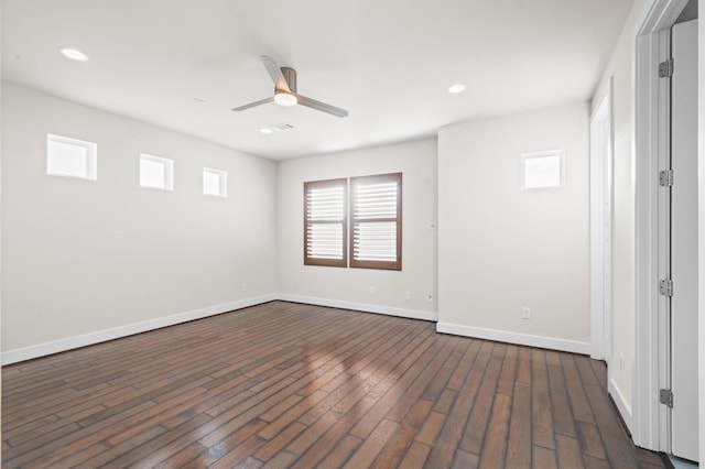 unfurnished room featuring ceiling fan, baseboards, dark wood-style flooring, and recessed lighting