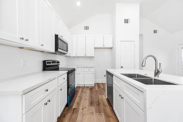 16978 W Hammon St, Montgomery, TX 77316 - kitchen with visible vents, lofted ceiling, appliances with stainless steel finishes, white cabinetry, and a sink