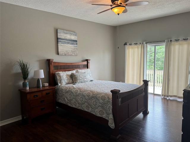 bedroom with access to outside, a textured ceiling, baseboards, and wood finished floors