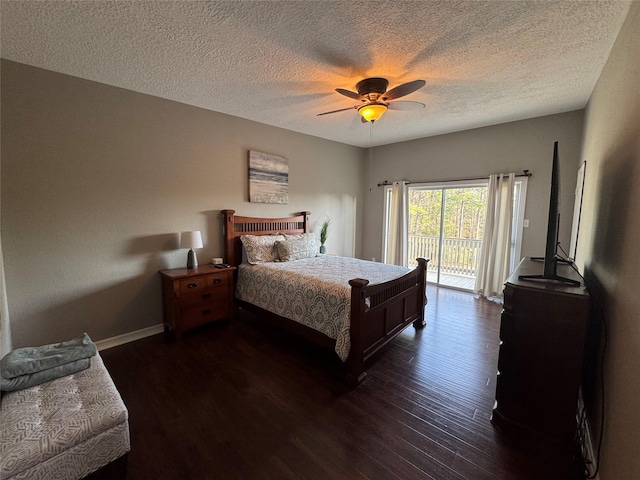 bedroom featuring access to outside, baseboards, ceiling fan, and dark wood-style flooring