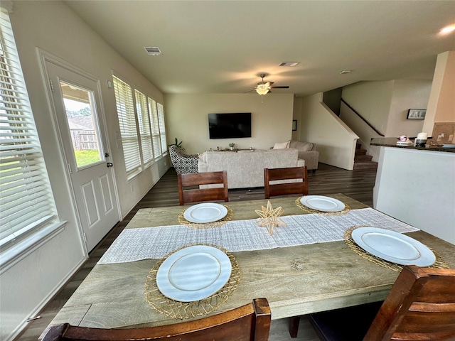 dining area with dark wood-style floors, stairway, visible vents, and a ceiling fan