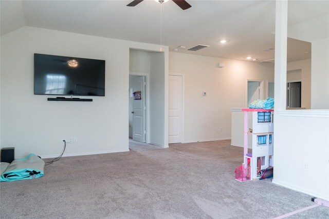 18802 Verdura Dr, New Caney, TX 77357 - rec room featuring baseboards, visible vents, a ceiling fan, and carpet