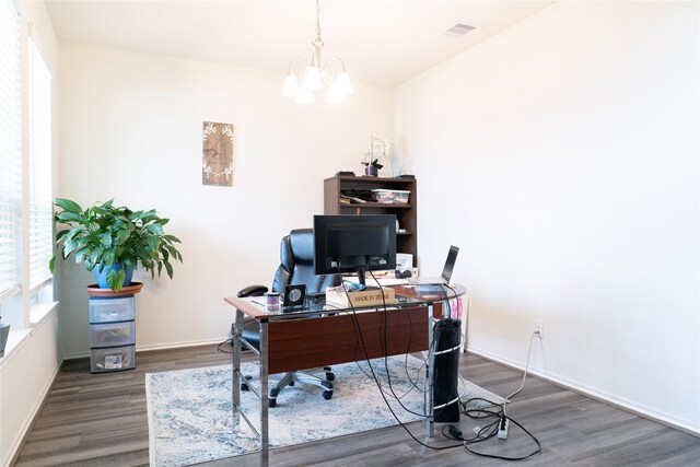 18802 Verdura Dr, New Caney, TX 77357 - office area with baseboards, wood finished floors, a wealth of natural light, and a notable chandelier