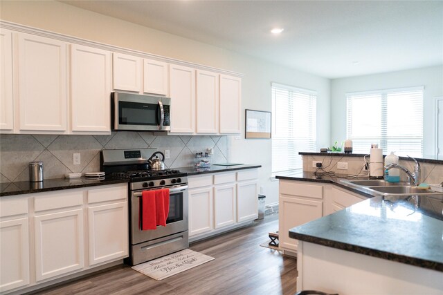 18802 Verdura Dr, New Caney, TX 77357 - kitchen featuring tasteful backsplash, stainless steel appliances, white cabinets, and a sink
