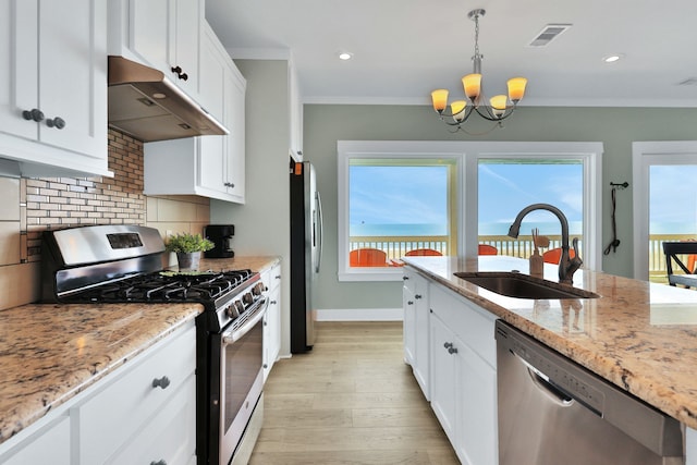 kitchen featuring under cabinet range hood, appliances with stainless steel finishes, a sink, and ornamental molding