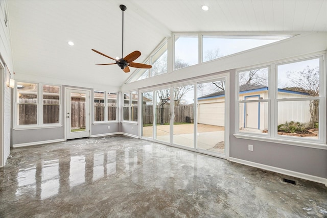 unfurnished sunroom with visible vents, lofted ceiling with beams, and ceiling fan