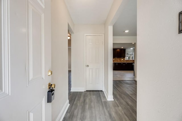 foyer entrance with wood finished floors and baseboards