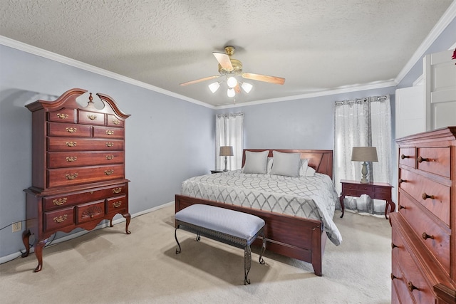 bedroom with ornamental molding, light colored carpet, ceiling fan, and a textured ceiling