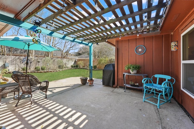 view of patio featuring visible vents, fence, area for grilling, and a pergola