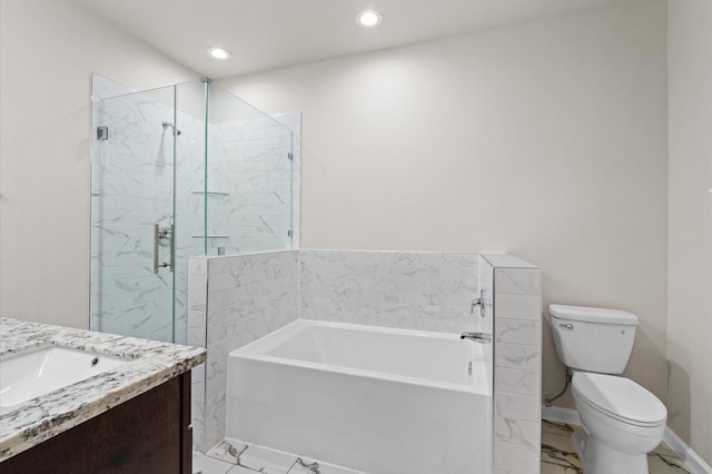 full bath featuring marble finish floor, toilet, vanity, a shower stall, and a bath