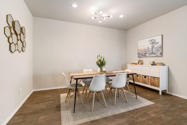 dining room featuring recessed lighting, dark wood finished floors, and baseboards