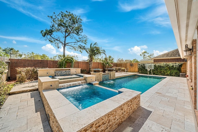 view of swimming pool featuring a patio area, an outdoor hot tub, a fenced backyard, and a fenced in pool