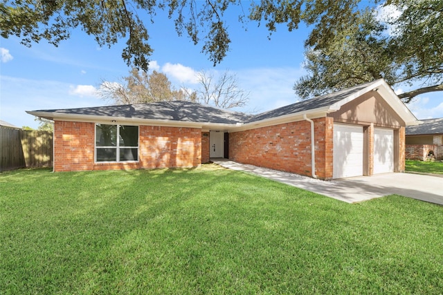 ranch-style home featuring a garage, concrete driveway, fence, a front lawn, and brick siding