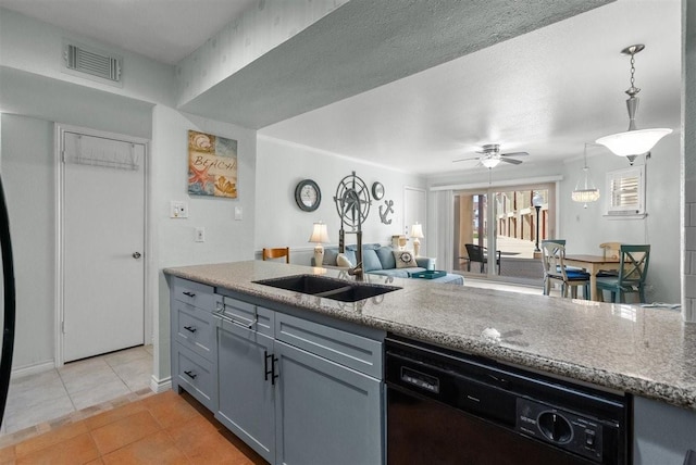 kitchen featuring light tile patterned floors, a sink, visible vents, black dishwasher, and open floor plan